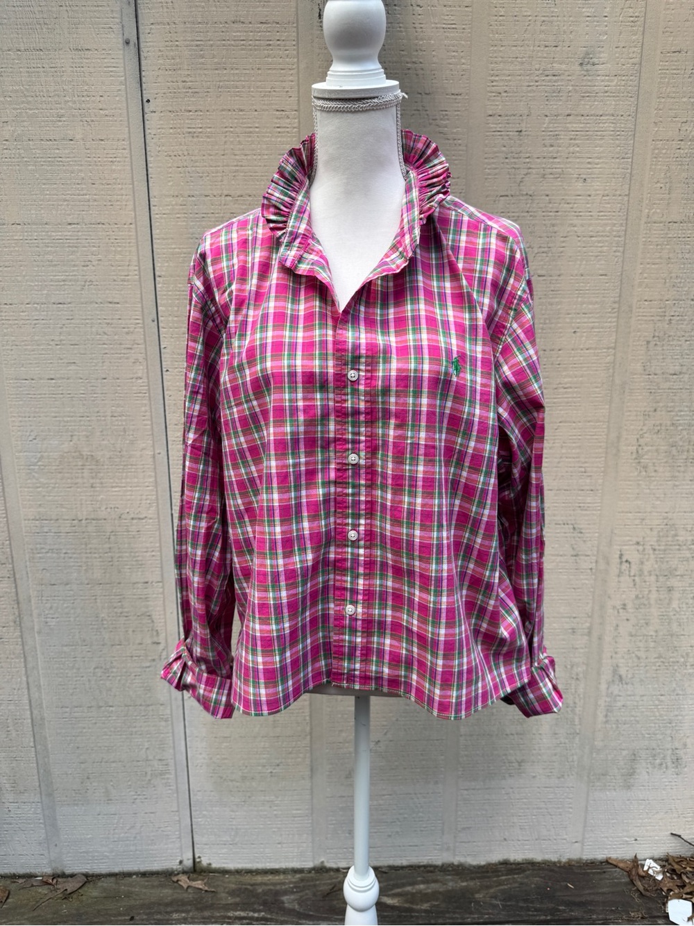 Ralph Lauren Pink Madras Plaid
Cropped Refashioned Ruffle Collar Button Down